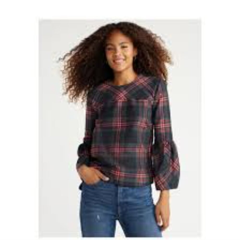 Free Assembly Tartan Plaid Taffeta Top with 3/4 Bell Sleeves - Size XXL